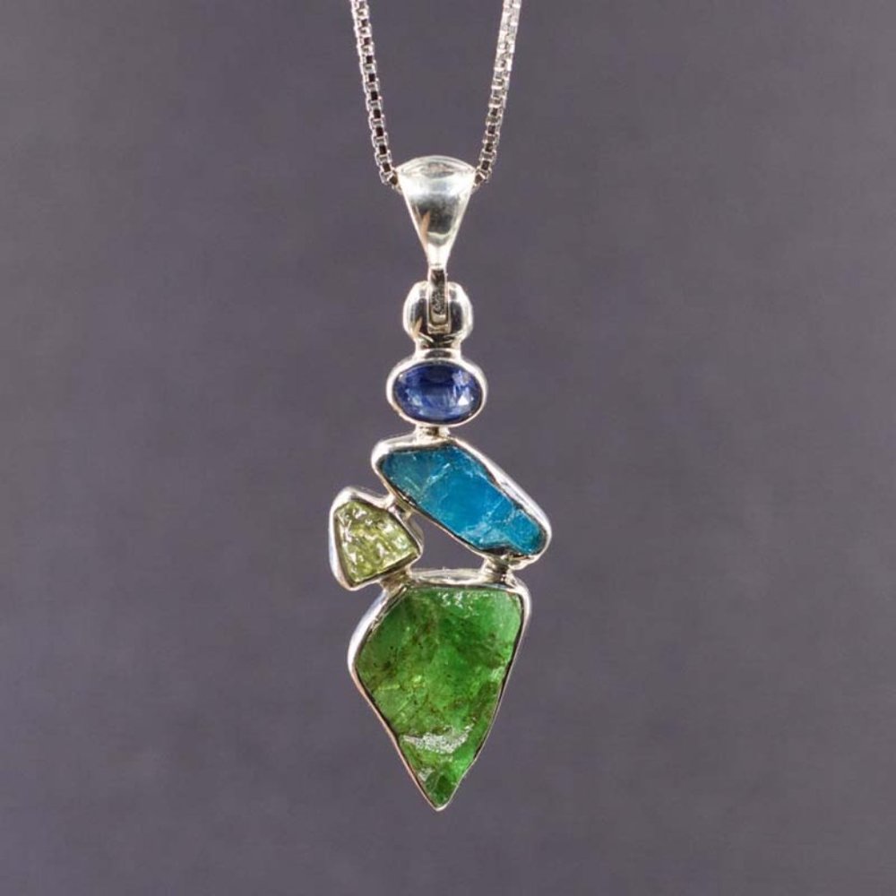 Kyanite Apatite Peridot and Emerald Sterling Silver Pendant